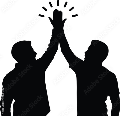Silhouette of Two People Giving a High Five for Teamwork and Success