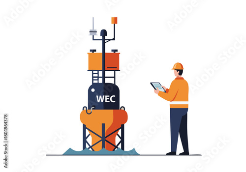 A technician inspects a WEC buoy with a tablet, showcasing offshore monitoring. Clear, modern illustration with a focus on technology and maritime operations.
