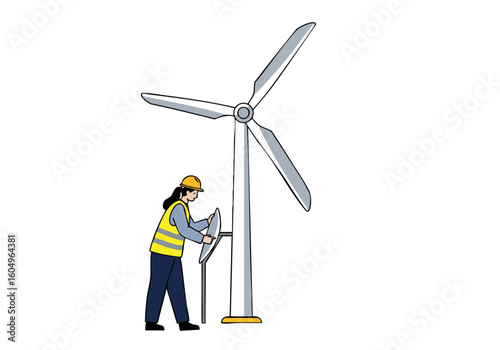 A female technician inspects a wind turbine, demonstrating maintenance and renewable energy. Clear, modern illustration style.
