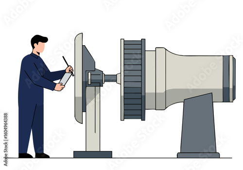 A technician inspects a large wave generator, checking its operation. Clean lines and a modern industrial setting. Focus on detail and precision.