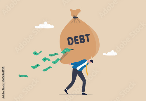 Debt burden, financial obligation or loan payment, heavy load of money failure, mortgage or borrowing money problem concept, tried businessman carrying big debt money bag losing money banknotes