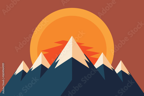 Vivid Sunset Over Layered Mountain Peaks and Dense Evergreen Forest. Tranquil Wilderness Landscape Illustration with Golden Hour Hues.