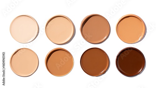 Eight circular swatches of makeup foundation in varying shades light