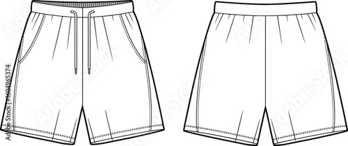 Unisex Elastic Waist Shorts Fashion Flat Sketch Template, Drawstring Casual Apparel Design, Technical Drawing Illustration, Sportswear Bottoms, Summer Streetwear Vector.