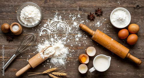 Flat lay photo of baking ingredients—flour, eggs, milk, rolling pin, and whisk—arranged on a rustic wooden table, top view, natural light, no people.

