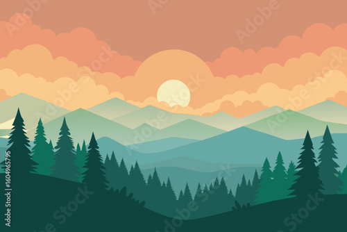 Serene Sunset Over Layered Mountain Peaks with Pine Forest in Flat Design Style