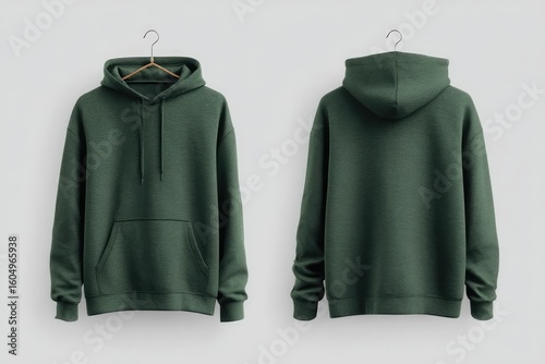 Front and back view of a dark green hoodie on hangers
