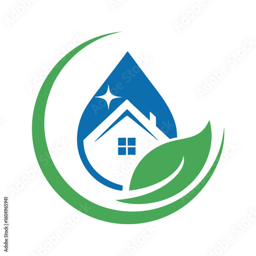 Blue water drop with house and green leaf swirl logo home