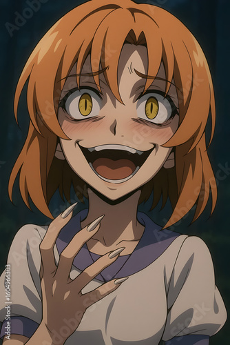 Crazed anime girl with orange hair and long nails laughing maniacally psychological horror illustration