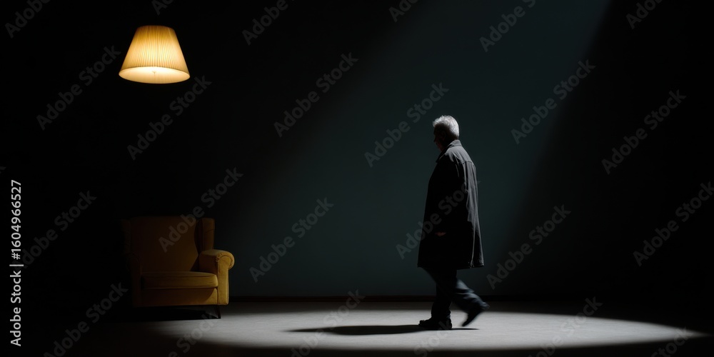 Obraz premium Old man's shadow highlights memories and time in a dark room
