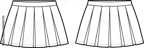 Women's Pleated Mini Skirt Fashion Flat Sketch Template, A-line Style Apparel Design, Technical Drawing Illustration, Tennis Skirt Vector, School Uniform Fashion.