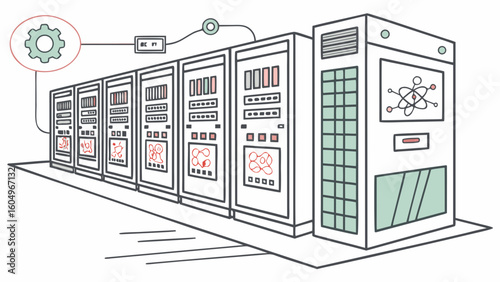 Quantum computing server room illustration for ai research and development data center infrastructure