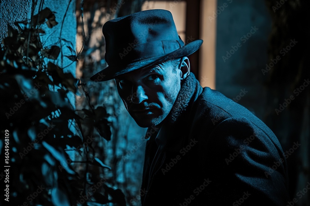 Fototapeta premium noir detective revisiting old crime scene, haunted expression