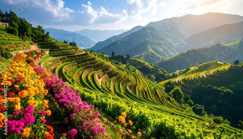 Verdant terraces and colorful flowers.