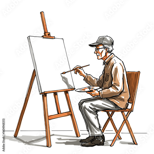 Elderly man painting on blank canvas in studio with wooden easel  