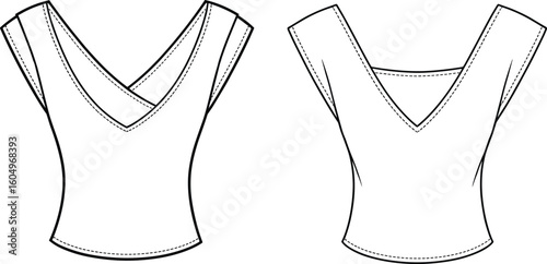V neck wrap top flat sketch front and back view, women’s fashion garment design, cap sleeve fitted blouse, vector apparel technical drawing template

.