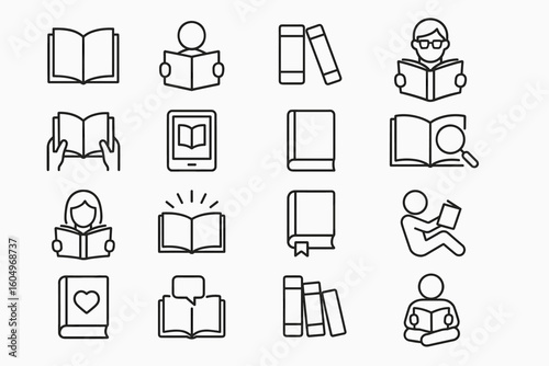Collection of book and reading icons depicting various activities and objects
