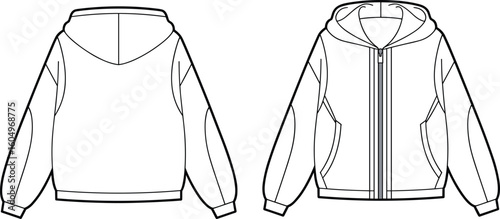 Zip up hoodie flat sketch front and back view, unisex fashion sweatshirt template with seam details, technical clothing vector illustration for apparel design

.