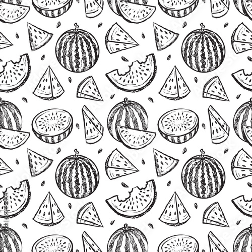 Seamless pattern with whole and sliced watermelon in black brush stroke texture isolated on white. Hand drawn vector sketch illustration in vintage charcoal ink. Summer clothes print design