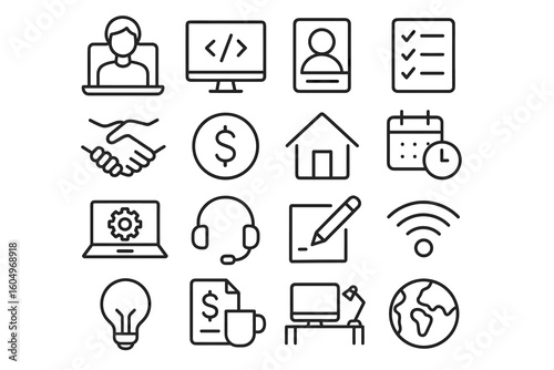 Business and technology icons set displaying office and remote work concepts