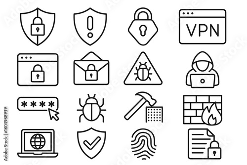 Cybersecurity icons set featuring locks vpn passwords bugs and firewall symbols