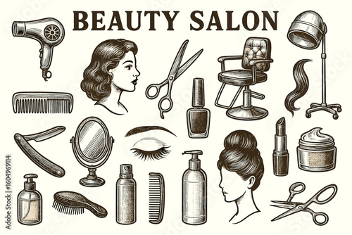 Beauty salon essentials: vintage styling tools, haircare, and makeup illustrations