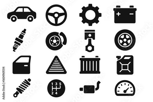 Set of automotive icons featuring car parts and tools in black and white