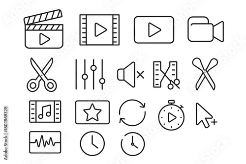 Set of 16 multimedia and video editing icons in outline style