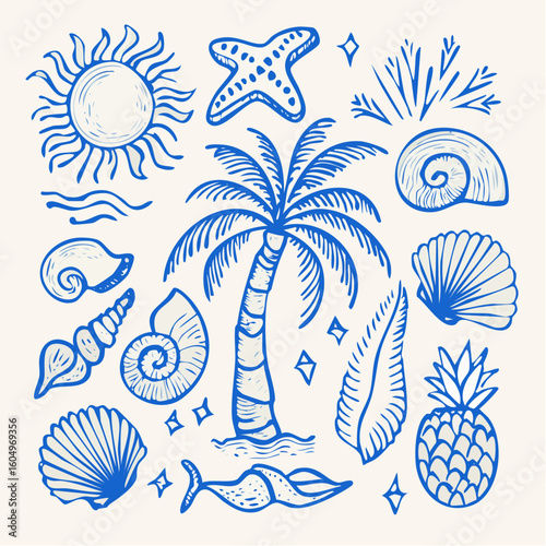 Hand drawn summer vintage icon set. Palm tree, sun and sea, seashells, coral, in doodle sketch style. Drawing ink. Italian concept, ocean, vacation and travel. Vector whimsical elements for print.
