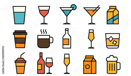 Colorful assortment of beverage icons featuring glasses and bottles