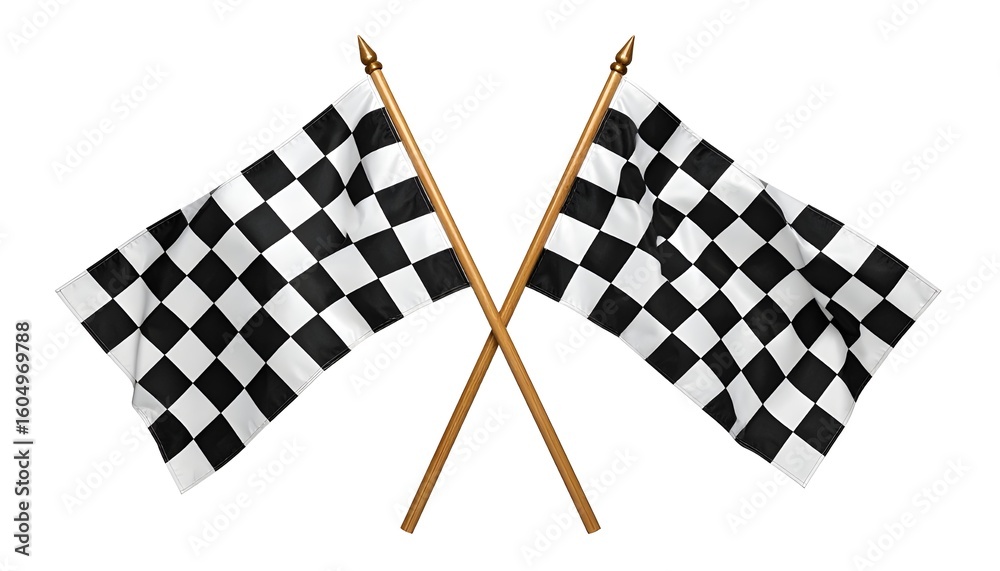 Fototapeta premium Two black-and-white checkered flags crossing elegantly at their poles, standing motionless like trophies