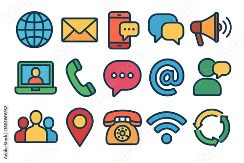 Colorful communication icons featuring email, phone, wi-fi, and social media symbols