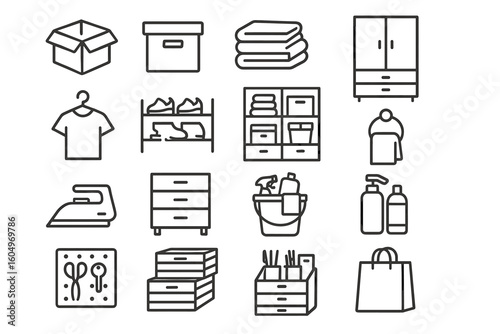 Storage and organization: wardrobe, shelves, boxes, and household items icons