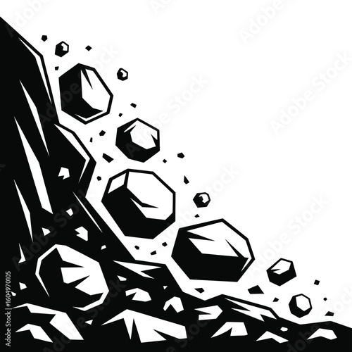 Black and white vector illustration of a rock landslide or avalanche