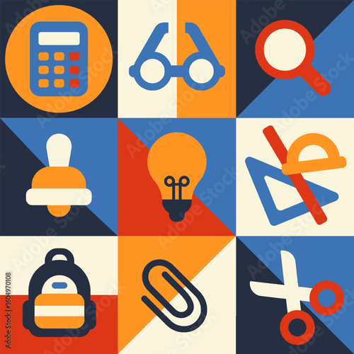 Modern vector school background with calculator, light bulb, backpack, glasses, magnifier, and math tools in geometric square grid layout. Mosaic education wallpaper with stationery icons