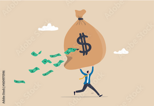 Lose money from investment mistake, tax or expense, mutual fund cost or financial problem, unknown cost drain out money concept, businessman carry big money bag with big hole banknotes falling out.