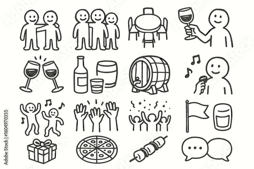 Hand-drawn celebration icons: wine, music, dancing, food, and social gatherings