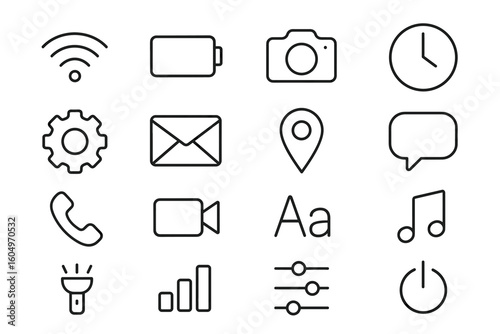 Minimalist tech icons: wifi, battery, camera, clock, gear, email, location, chat, phone, video, font, music, flashlight, signal, settings, power