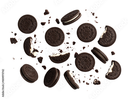 Top-Down View of Scattered Oreo Cookies and Broken Pieces in Motion, White Background Clipping Pathj