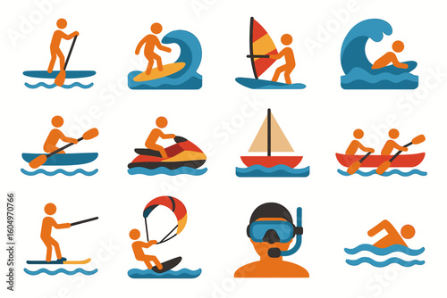 Colorful icons of water sports activities: surfing, sailing, snorkeling, jet skiing, kayaking