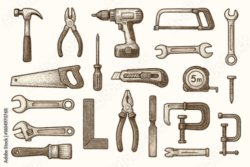 Vintage hand tools collection: hammer, drill, saw, wrench, and more