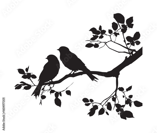 Silhouette of birds sitting on a tree branch.