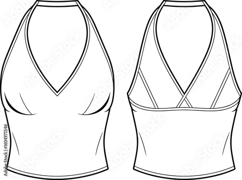 Women's Halter Neck Crop Top Flat Sketch with V-neckline and Criss-Cross Back Straps, Ideal for Summer Fashion Apparel Design.