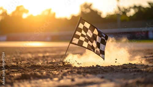 Checkered racing flag staked dramatically into a dusty race track, angled with intent, basking in the warm glow of a sunset
