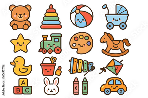 Cute cartoon toys collection: teddy bear, train, crayons, and more for kids