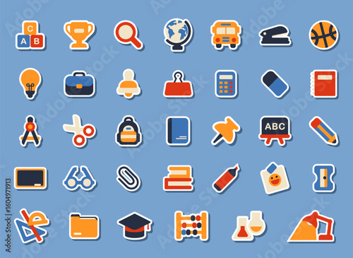 Set of of flat vector education icons and classroom stickers on blue: ABC blocks, trophy, magnifier, globe, school bus, stapler, basketball, lightbulb, briefcase, bell, notebook, etc.