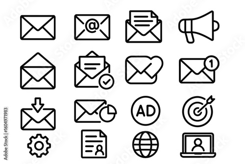 Email and communication icons: envelope, megaphone, profile, globe, target