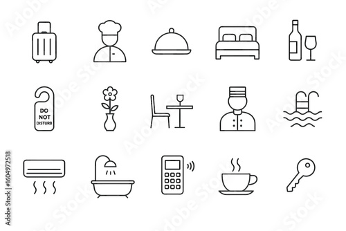 Hotel service icons: luggage, chef, dining, accommodation, beverage, relaxation