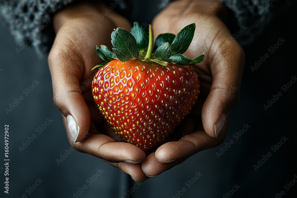 Obraz premium A person is holding a strawberry in their hand. The strawberry is red and has green leaves on top. Concept of warmth and care, as the person is holding the fruit with their hands