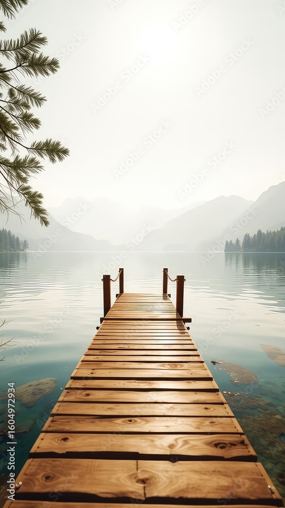 Naklejka premium A Tranquil Lake Pier Scene with Calm Waters, Distant Mountains, and a Peaceful Wooden Dock